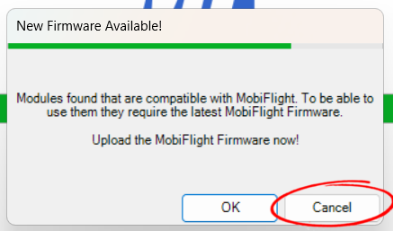 Modles found that are compatible with MobiFlight. Upload MobiFlight Firmware now?